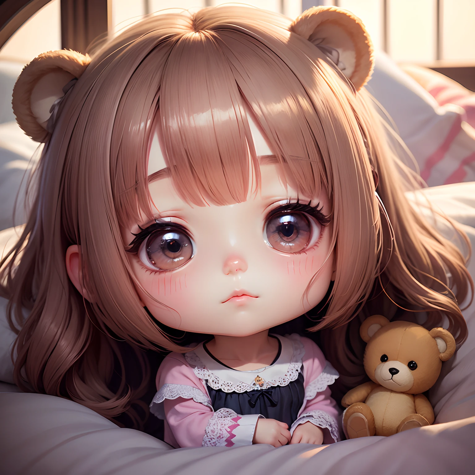 masterpiece、top-quality、ultra-detailliert、(Chibi Chara's Daughter:1.2)、Chibi Bed、night wear、closing eye、(Sleeping:1.2)、The bed is what you sleep in、full body Esbian、dim room、Moonlight from the window、Stuffed Bear