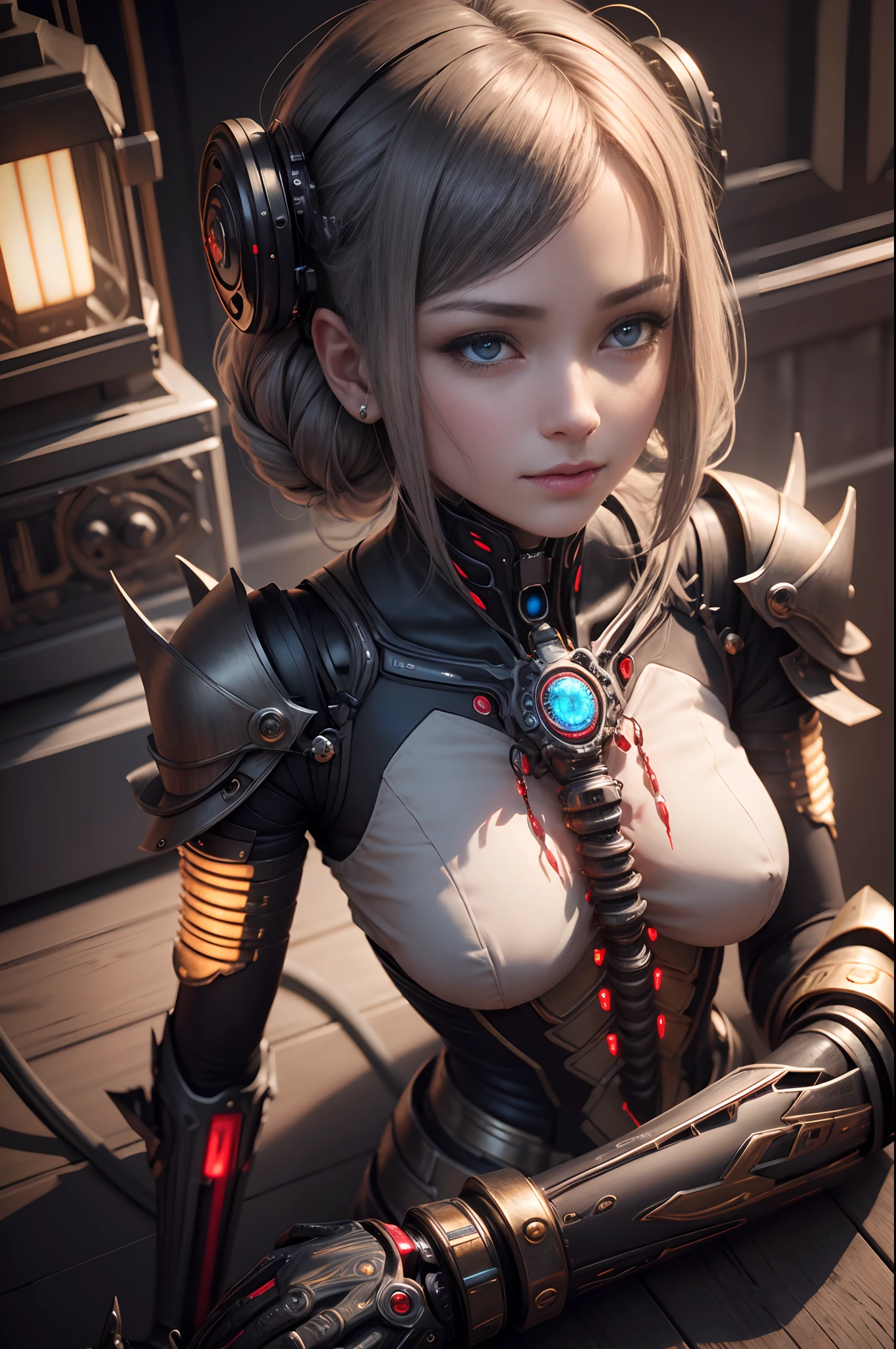 Mature 1 Mechanical Lady、((super realistic details))、portlate、globalillumination、Shadow、octan render、8K、ultrasharp、metals、Details of complex ornaments、cold color、Egyptian Detail、highly intricate detail、Realistic light、CGSoation Trends、radiant eyes、Facing the camera、neon details、Mechanical limbs、blood vessels connected to tubes、Mechanical vertebrae attached to the back、mechanical cervical attaching to neck、sitting on、Wires and cables connecting to the head 超A high resolution Mono eye glowing red
