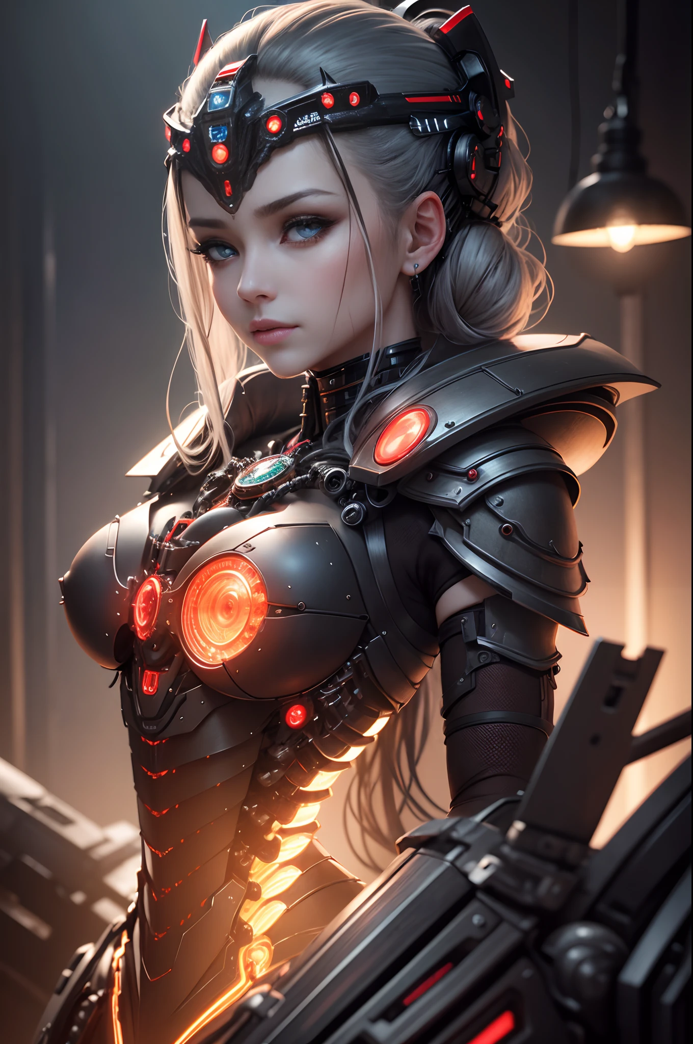 Mature 1 Mechanical Lady、((super realistic details))、portlate、globalillumination、Shadow、octan render、8K、ultrasharp、metals、Details of complex ornaments、cold color、Egyptian Detail、highly intricate detail、Realistic light、CGSoation Trends、radiant eyes、Facing the camera、neon details、Mechanical limbs、blood vessels connected to tubes、Mechanical vertebrae attached to the back、mechanical cervical attaching to neck、sitting on、Wires and cables connecting to the head 超A high resolution Mono eye glowing red
