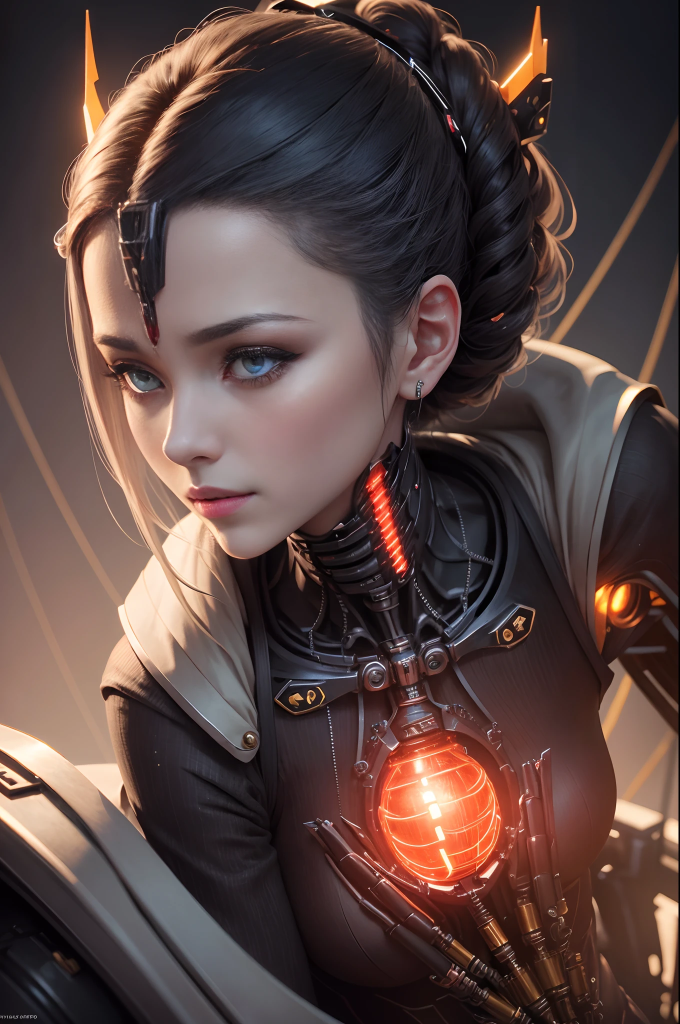 Mature 1 Mechanical Lady、((super realistic details))、portlate、globalillumination、Shadow、octan render、8K、ultrasharp、metals、Details of complex ornaments、cold color、Egyptian Detail、highly intricate detail、Realistic light、CGSoation Trends、radiant eyes、Facing the camera、neon details、Mechanical limbs、blood vessels connected to tubes、Mechanical vertebrae attached to the back、mechanical cervical attaching to neck、sitting on、Wires and cables connecting to the head 超A high resolution Mono eye glowing red