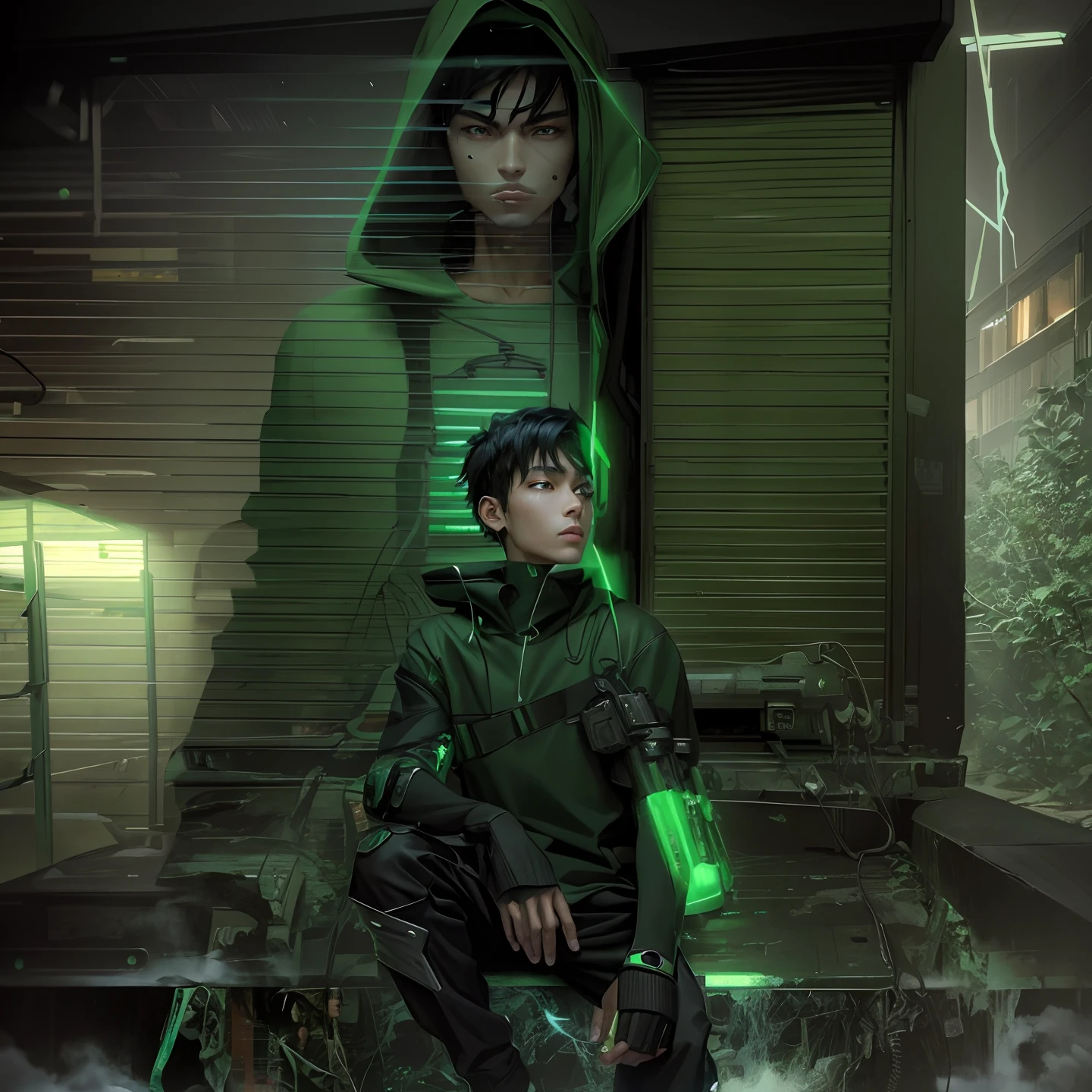 Animeboy in green hoodie,cyberpunk anime boy in hoodie, black haired boy wearing hoodie, realistic anime artstyle, Robotic arm,Metal belt,thongs,satchel,anime styled digital art, anime realism style
