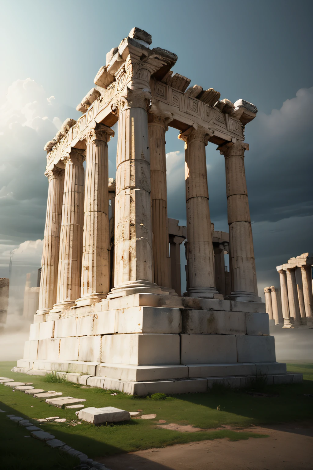 Imagine um SEART inspirado na arquitetura grega antiga, highlighting the Temple of Zeus at Olympia with a soft mist effect all around, criando uma atmosfera misteriosa e majestosa