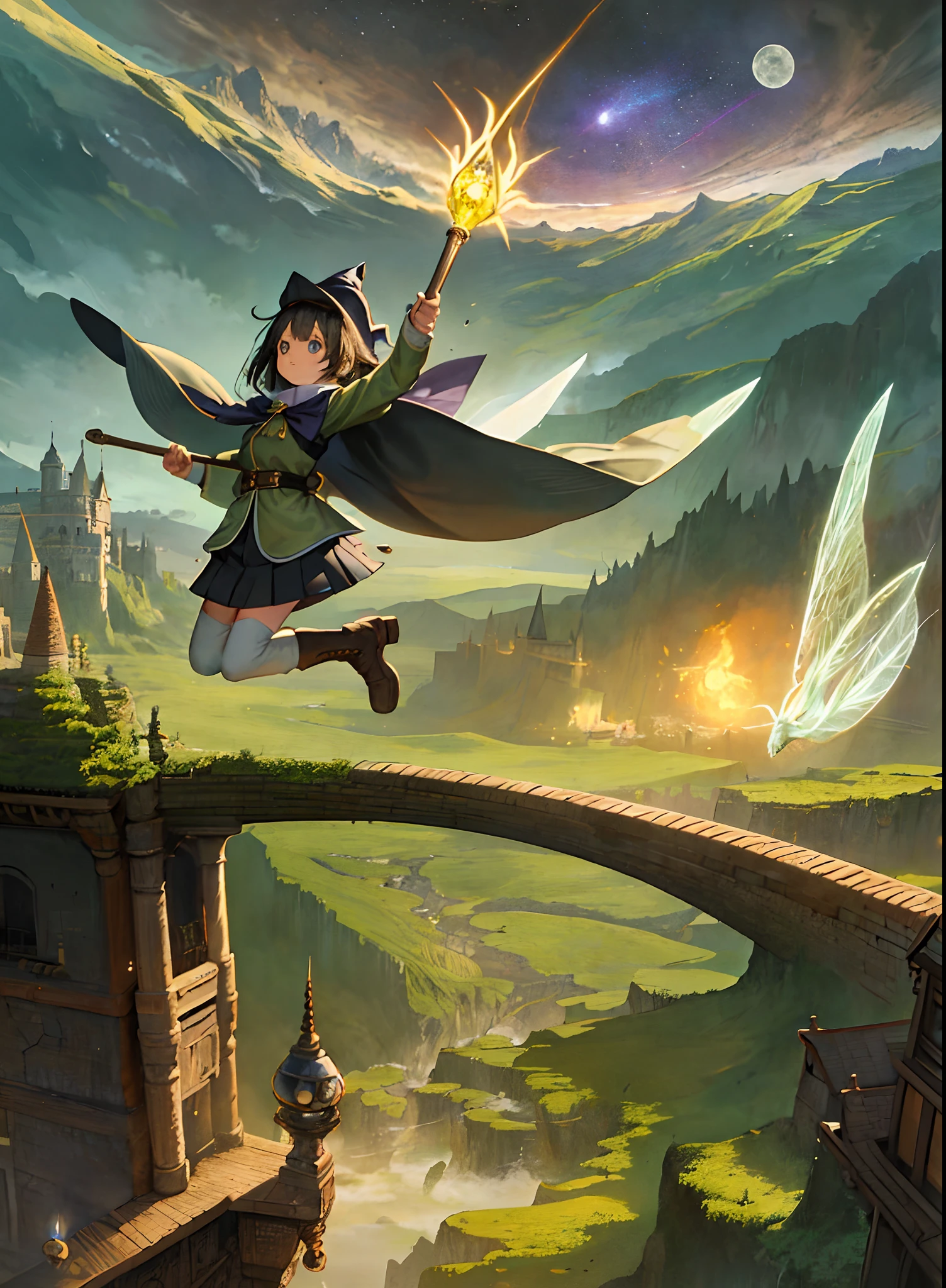 masterpiece, best quality, ultra-detailed, illustration, 1girl, solo, fantasy, flying, broom, night sky, outdoors, magic, spells, moon, stars, clouds, wind, hair, cape, hat, boots, broomstick, glowing, mysterious, enchanting, whimsical, playful, adventurous, freedom, wonder, imagination, determination, skill, speed, movement, energy, realism, naturalistic, figurative, representational, beauty, fantasy culture, mythology, fairy tales, folklore, legends, witches, wizards, magical creatures, fantasy worlds, composition, scale, foreground, middle ground, background, perspective, light, color, texture, detail, beauty, wonder.