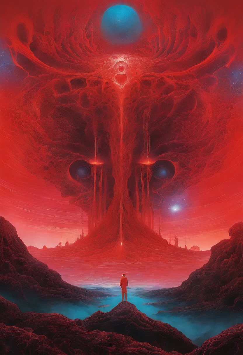 mythological creatures, author：Zdzislaw Beksinski和Van Gogh, album covers, romatic, surrealism, Futuristic ,satan, coral, wizard, abstracted, Dark, Red, hell, landscape