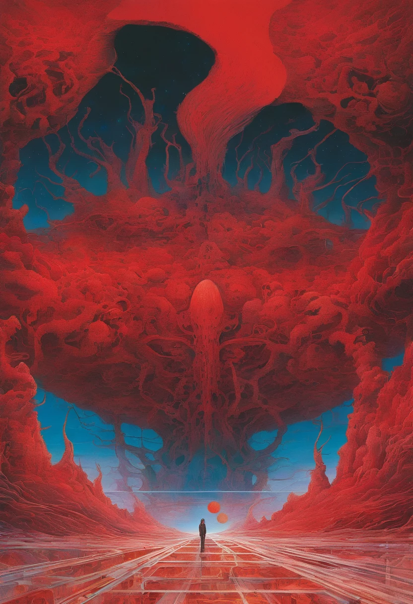 mythological creatures, author：Zdzislaw Beksinski和Van Gogh, album covers, romatic, surrealism, Futuristic ,satan, coral, wizard, abstracted, Dark, Red, hell, landscape