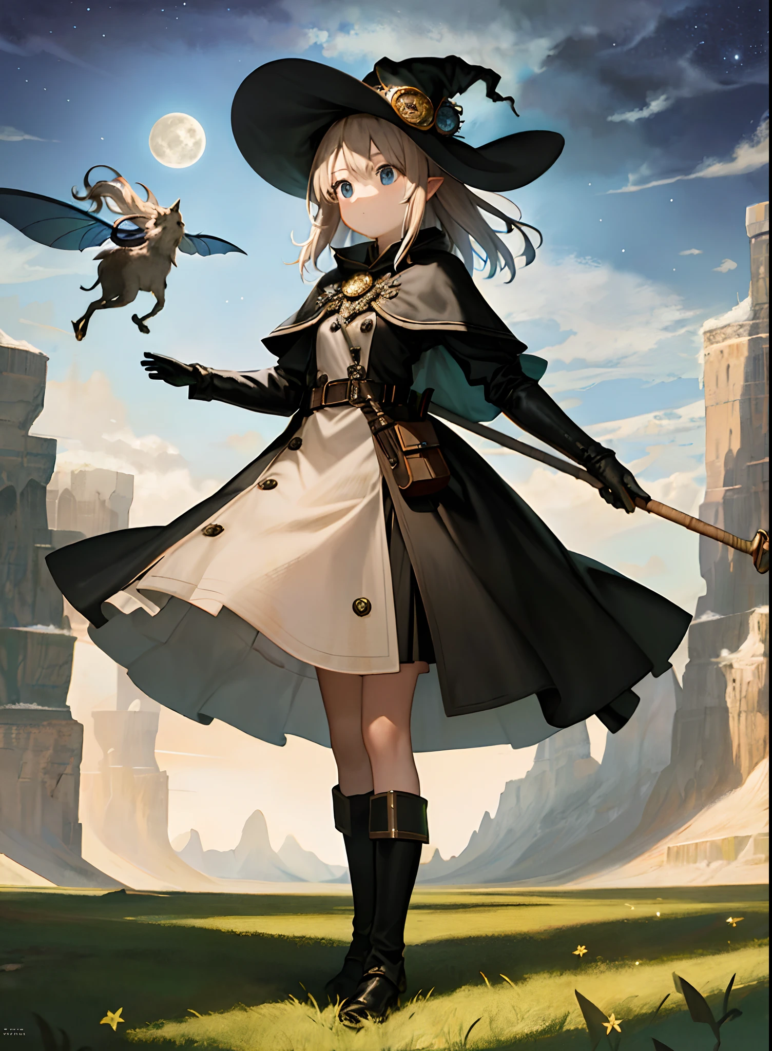 masterpiece, best quality, ultra-detailed, illustration, 1girl, solo, fantasy, flying, broom,   night sky, outdoors, magic, spells, moon, stars, clouds, wind, hair, cape, hat, boots, broomstick, glowing, mysterious, enchanting, whimsical, playful, adventurous, freedom, wonder, imagination, determination, skill, speed, movement, energy, realism, naturalistic, figurative, representational, beauty, fantasy culture, mythology, fairy tales, folklore, legends, witches, wizards, magical creatures, fantasy worlds, composition, scale, foreground, middle ground, background, perspective, light, color, texture, detail, beauty, wonder.