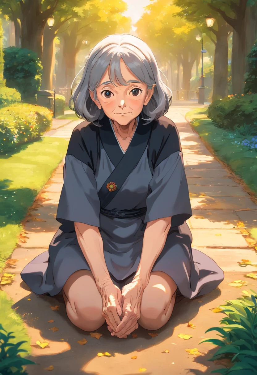 an old woman wearing black and gray old pepole uniform , laying on the ground becauce she fell and she cant stand up in a park, its sunny camera view low angle, wide shot, (best quality, 4k, 8k, highres, masterpiece:1.2), ultra-detailed, realistic:1.37, HDR, UHD, studio lighting, extreme detail description, professional, vivid colors, bokeh, portraiture, oil on canvas, contrasting colors, warm tones, soft lighting