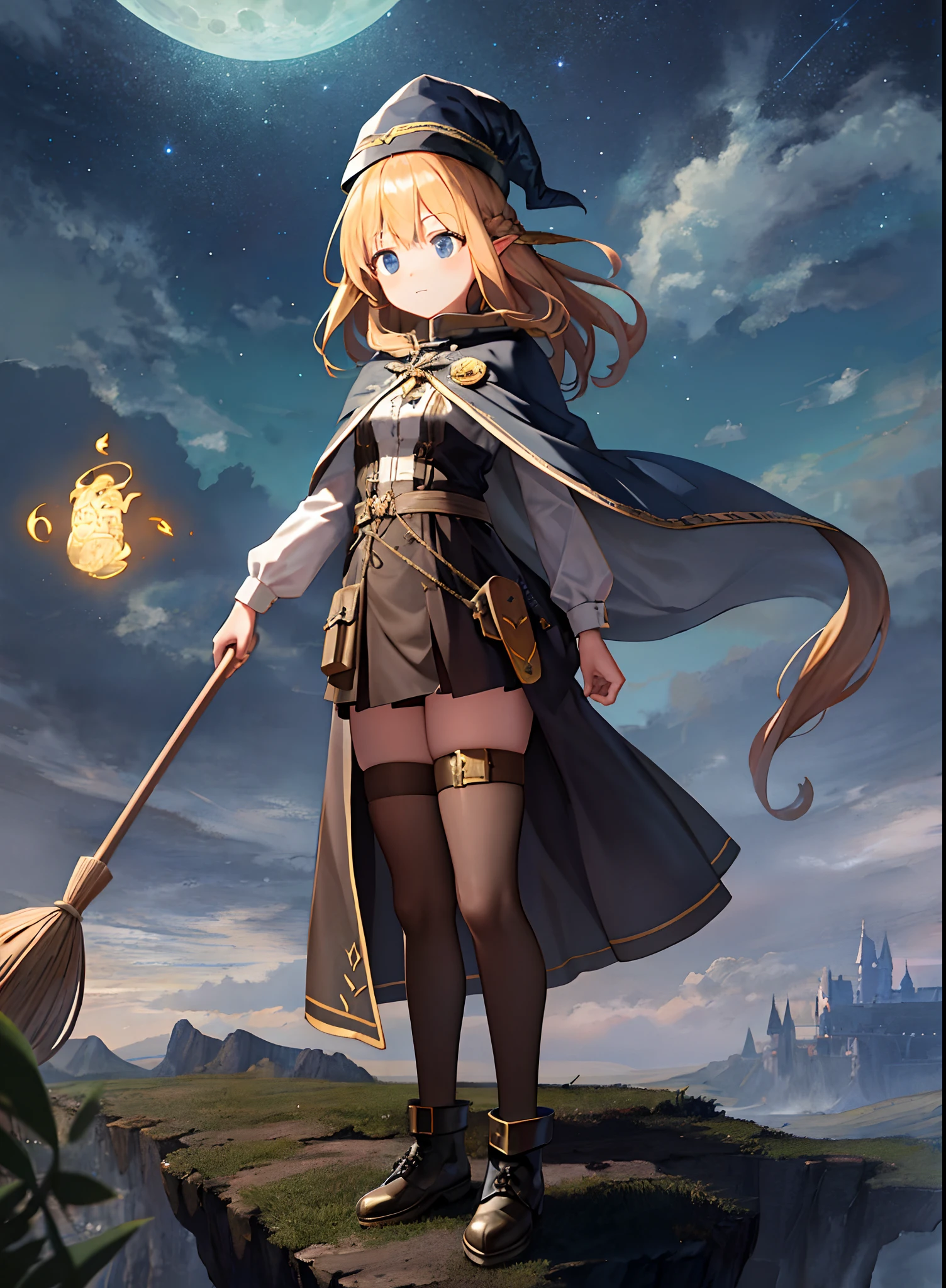 masterpiece, best quality, ultra-detailed, illustration, 1girl, solo, fantasy, flying, broom, night sky, outdoors, magic, spells, moon, stars, clouds, wind, hair, cape, hat, boots, broomstick, glowing, mysterious, enchanting, whimsical, playful, adventurous, freedom, wonder, imagination, determination, skill, speed, movement, energy, realism, naturalistic, figurative, representational, beauty, fantasy culture, mythology, fairy tales, folklore, legends, witches, wizards, magical creatures, fantasy worlds, composition, scale, foreground, middle ground, background, perspective, light, color, texture, detail, beauty, wonder.