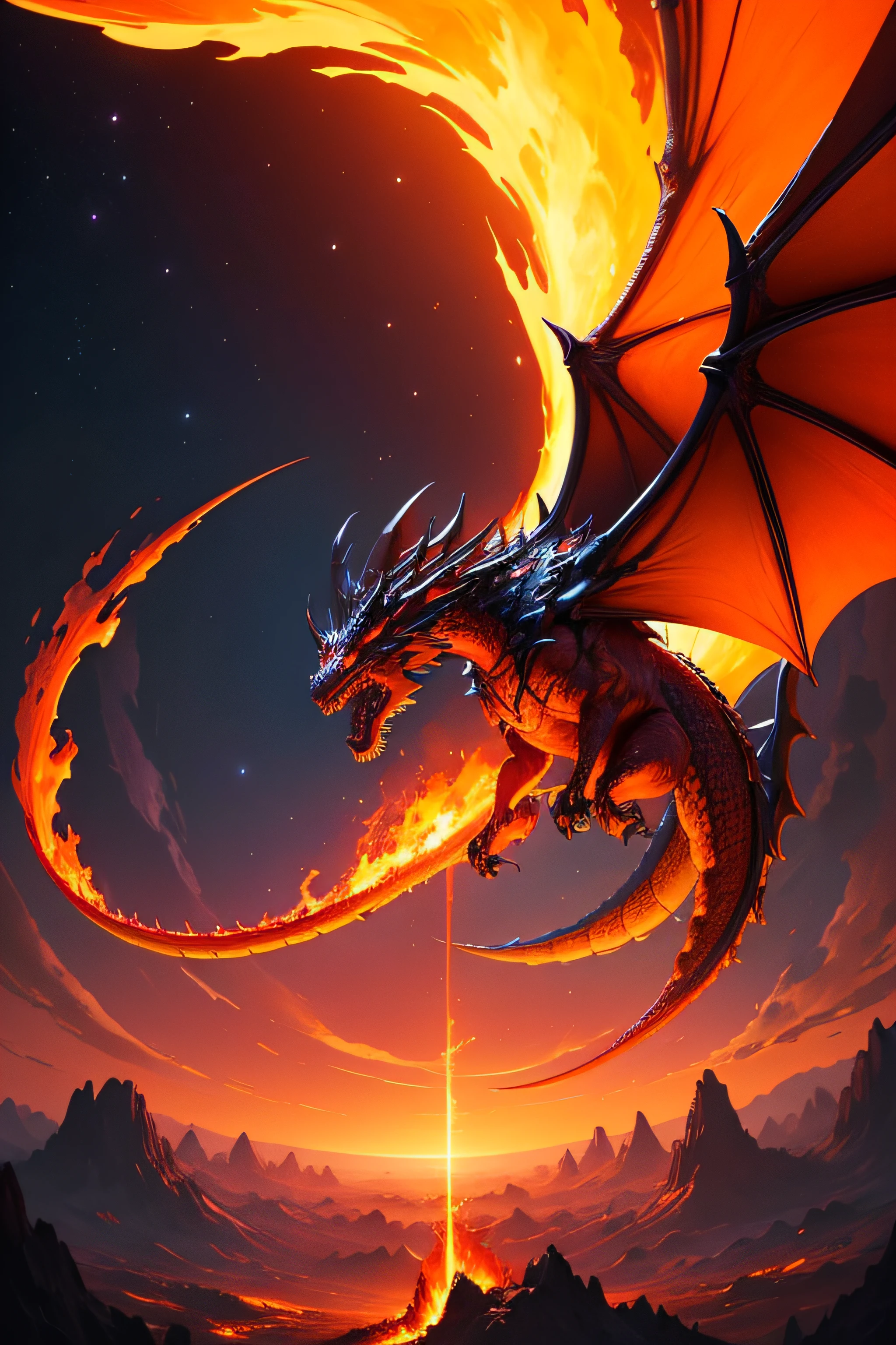 a scene of a dragon soaring through a fiery sky, breathing molten flames that twist and dance in a spectacular display of power