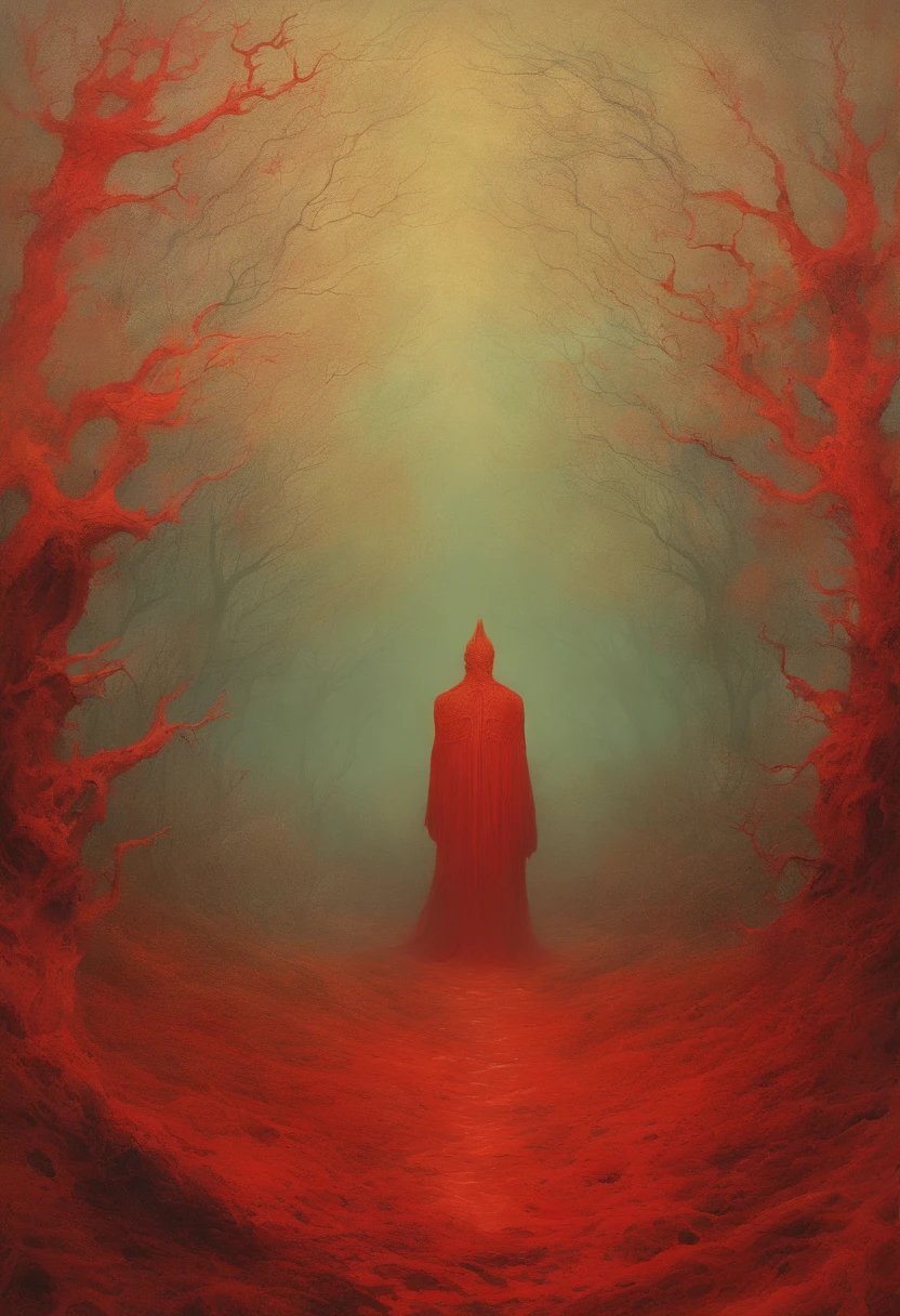 mythological creatures, author:Zdzislaw Beksinski和Van Gogh, album covers, romatic, surrealism, Futuristic ,satan, coral, wizard, abstracted, Dark, Red, hell, landscape