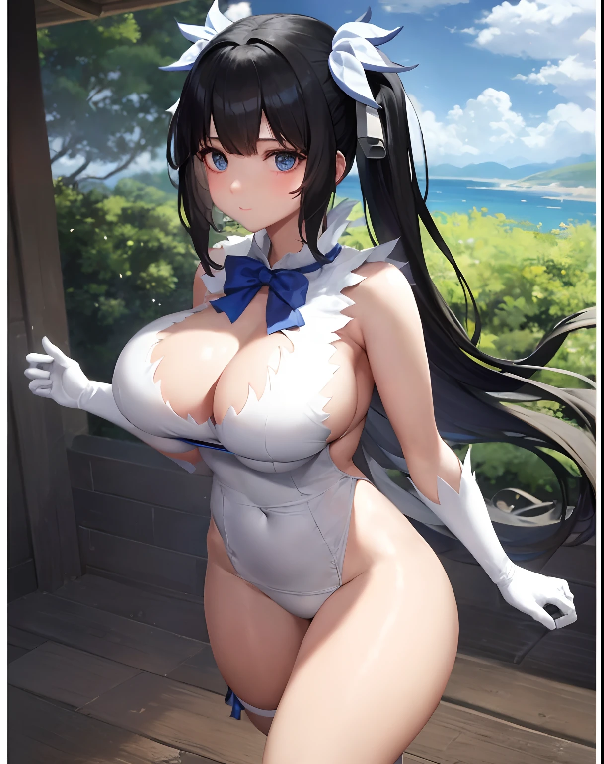 masterpiece, top-quality, long eyeslashes, eye liner, eyeshadows, mascara, Colorful, Pink lips, deep skin, looking at the viewers, The upper part of the body, Curvaceous, hestia (Danmachi), 1girl in, breastsout, 独奏, length hair, Blue ribbon, Twin-tailed, gloves, bow ribbon, doress, Ray's Pimp, large full breasts, blue eyess, A dark-haired, white glove, cleavage of the breast, robe blanche, looking at the viewers, Light smile, a closed mouth, Hair ribbon, the bow, sleeveless、sleeveless dress、bangss、red blush、Cleavage cutouts、hair adornments、a bow tie、Cutouts for clothes、Very long hair、Covered navel、Arm Ribbon、shinny skin、outside of house、grass field、blue-sky、cloudy ash sky、tight、Dresses with tension、breasts focus、The upper part of the body、(masterpiece:1.47746)、(highly_detailed:1.05)、(hight resolution:1.05)、(Photorealsitic:1.4)、3D、ultra-detailliert、100-layers、ighly detailed、Convoluted、absurderes、detaile、ultra-detailliert、A detailed eye、 (intricate detailes、Volumetric lighting、Cinematographic lighting、Award-winning、Macrovivid Color、thirds rule、yudai、detaileds、elegent)、Colorful and realistic lighting、Chest holds
