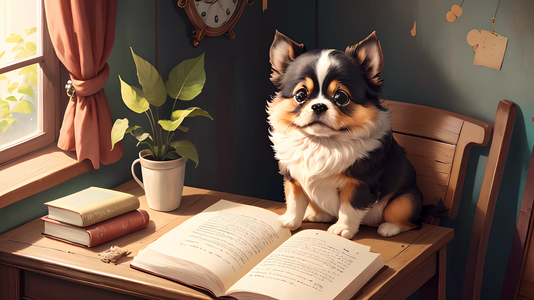 High quality) cute tzu sitted on the chair in a house and eating book , some pieces of book is droped at earth, in a disney style, photography