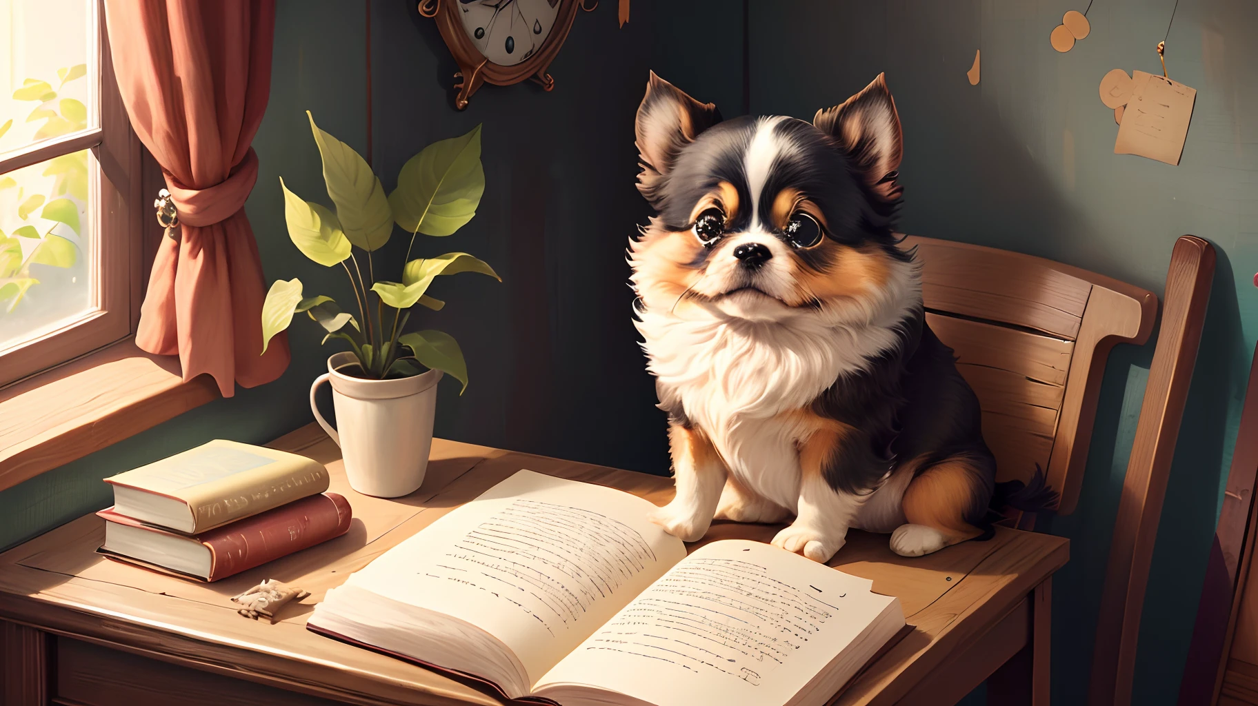 High quality) cute tzu sitted on the chair in a house and eating book , some pieces of book is droped at earth, in a disney style, photography