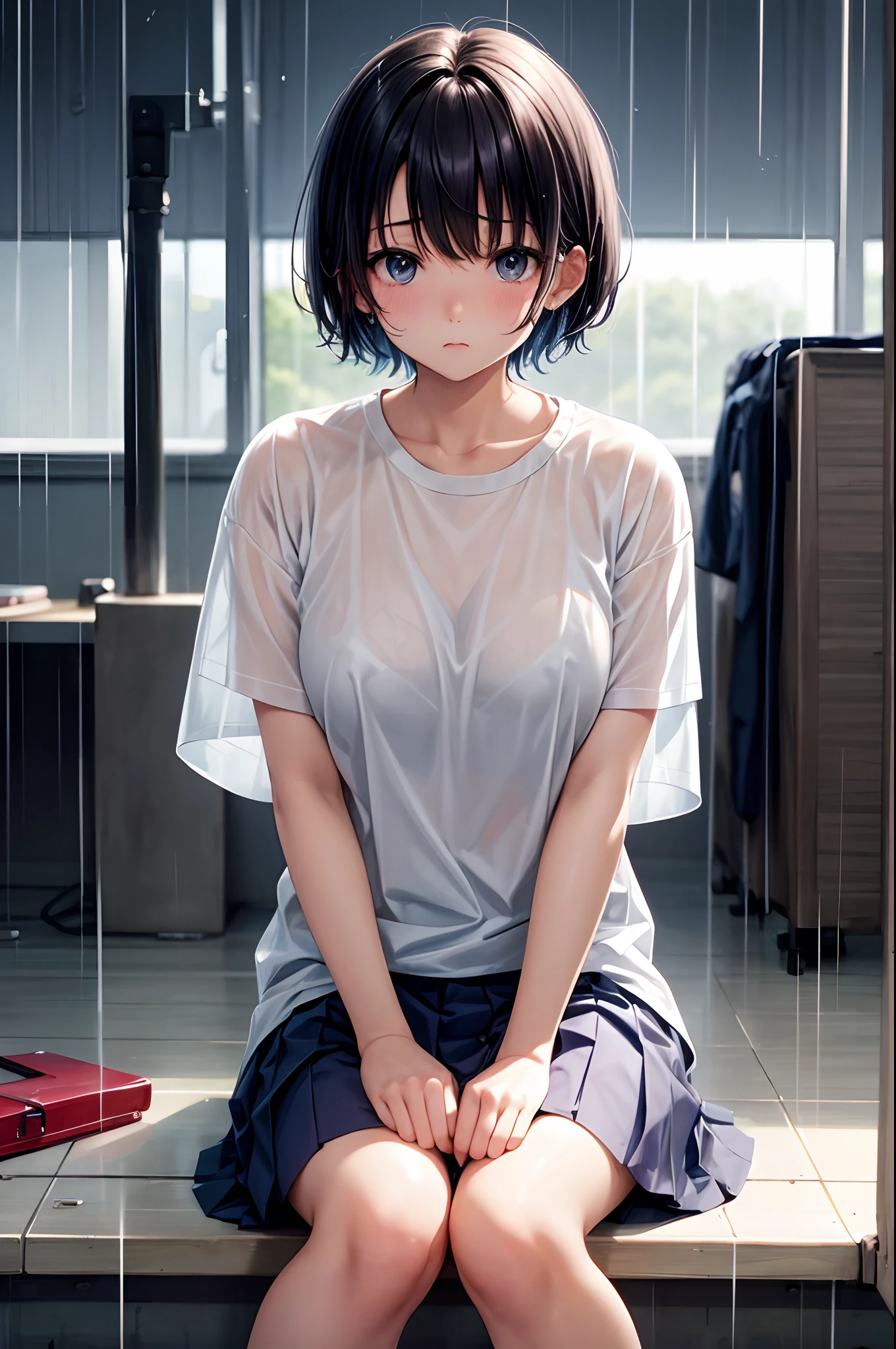 hi-school girl、short cut hair、shortsleeves、rainy days、Clothes are see-through in the rain、Physical education sitting、Troubled face、Very cute、