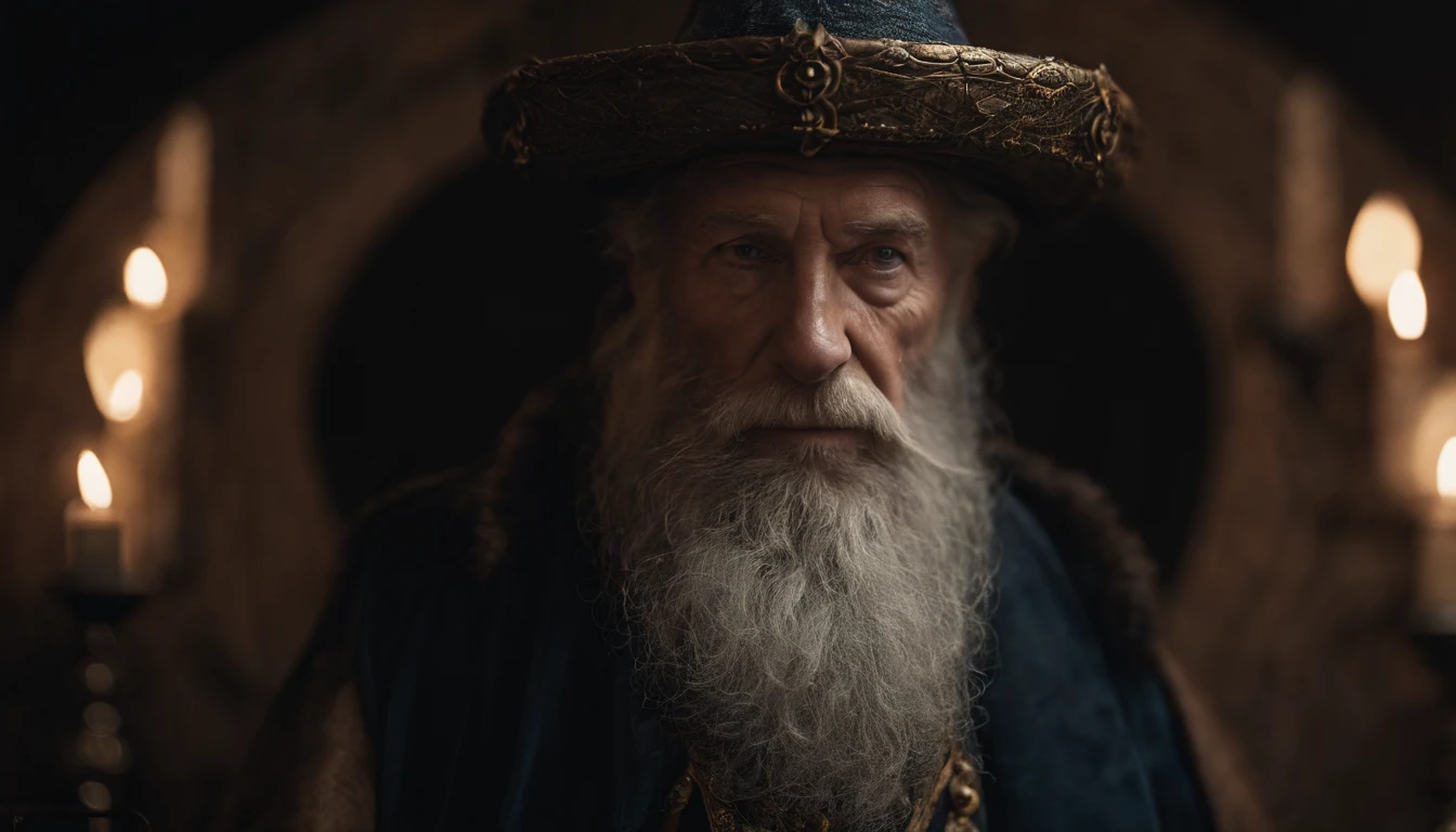 A portrait of a wizard, bearded, wrinkled, weathered, with piercing eyes, detailed face, high details, photography, dark studio, rim light, Nikon D850, 50mm, f/1.4