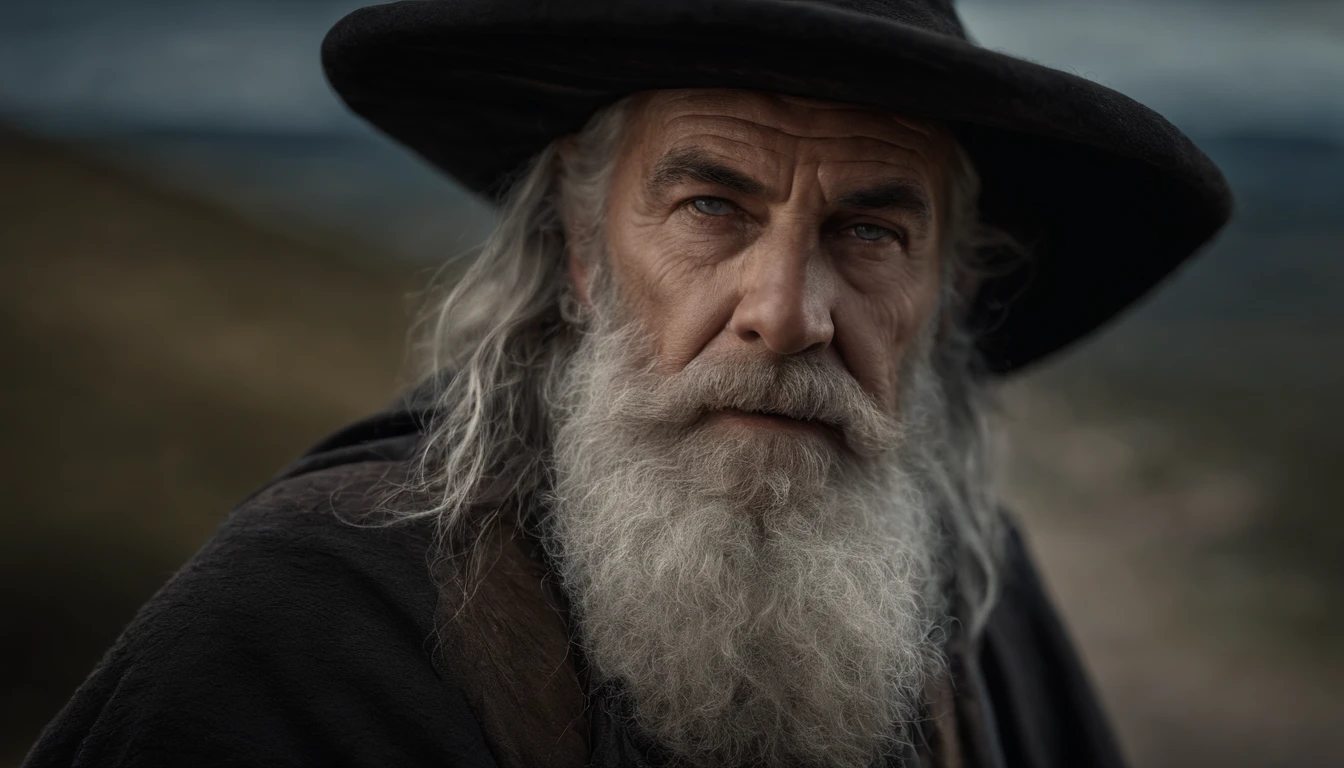A portrait of a wizard, bearded, wrinkled, weathered, with piercing eyes, detailed face, high details, photography, dark studio, rim light, Nikon D850, 50mm, f/1.4