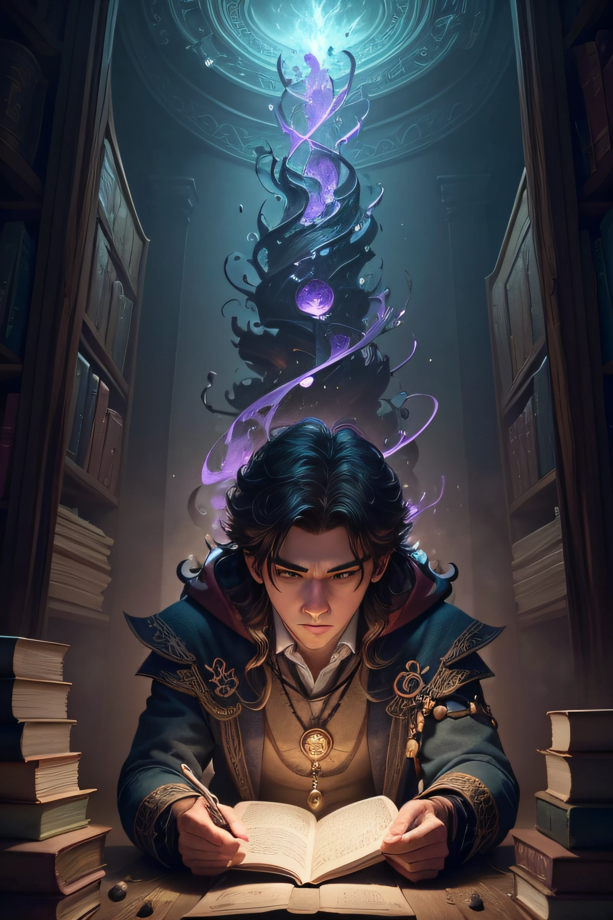 A man reading a book in a dark room with a light shining on him - SeaArt AI