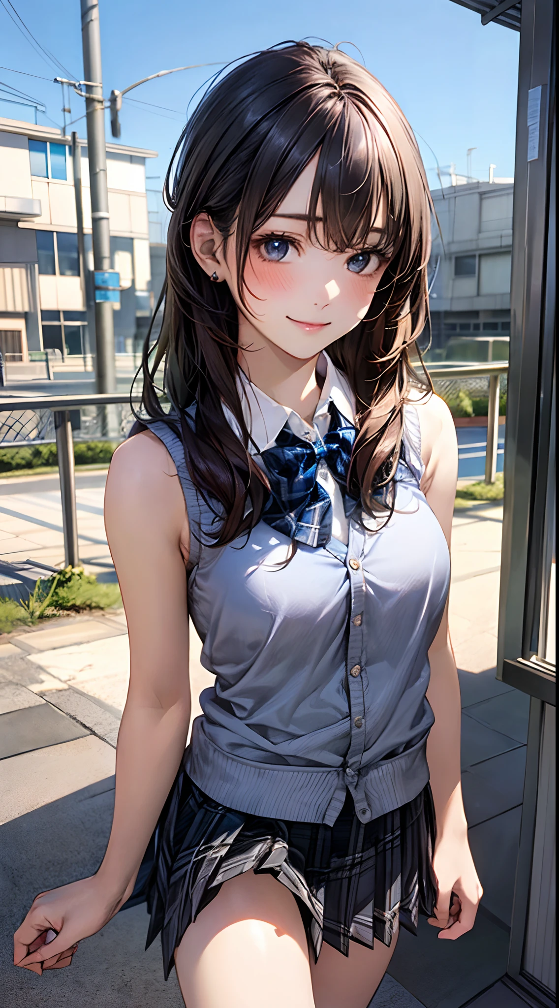 (masterpiece:1.2, top-quality), (realistic, photorealistic:1.4), beautiful illustration,
looking at viewer, full body, front view:0.6,
1 girl, japanese, high school girl, (long hair:1.5), blown hair, (half up, half updo), bangs, hair between eye, large breasts:0.8,
beautiful hair, beautiful face, beautiful detailed eyes, beautiful clavicle, beautiful body, beautiful chest, beautiful thigh, beautiful legs, beautiful fingers,
(beautiful scenery), , school,
((collared shirt, white shirt, school uniform, sleeveless cardigan, grey plaid pleated skirt, blue plaid bow tie)), white panties,
(standing, walking, grab the hem of the skirt, hands on chest, hand between legs),
smile, ,