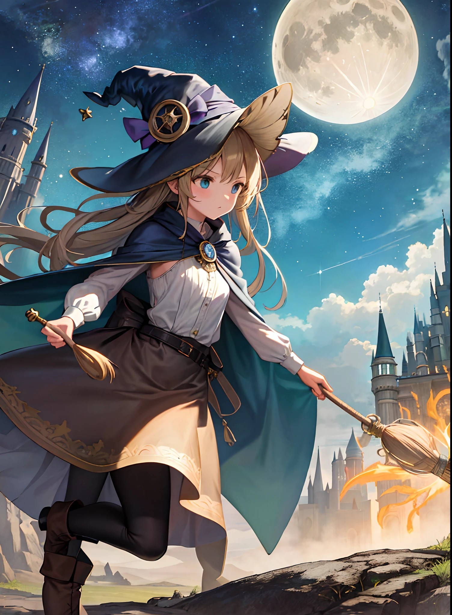 ((Masterpiece)), (RAW photo: 1.2), (Professional Photography:1.2), (High Definition:1.3), (takamichi style), Cute age littthe witch)), smile, fluffy hair, long beige hair, ((the witch)), (fluffy hair), Ivory long hair, Witch robe and fluffy skirt, ((standing on one leg)), (Beautiful Black Witch Hat), Holding a magic wand with both hands, kawaii, (in the old library room), Do not look at the viewer