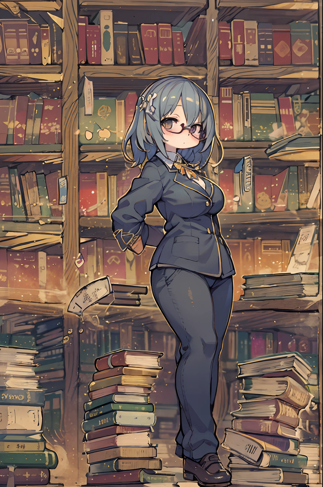 Huge library、1 librarian、One Woman、small round glasses、huge-breasted、Chibi