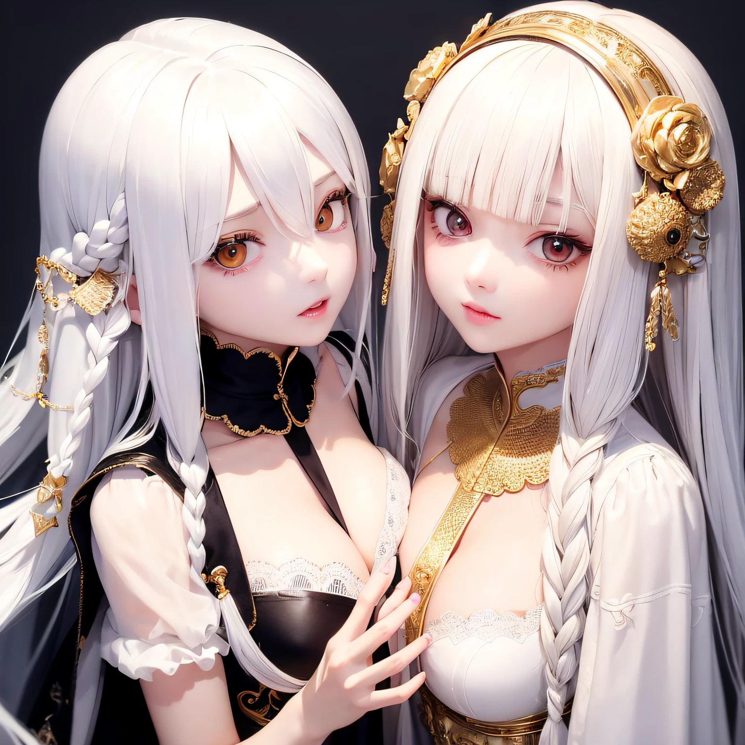 top-quality、masterpiece、white hair、Gold Eye、white clothes、look up to、The upper part of the body、Hair strands、light skinned、Side braid、White clothes, 2 girls, Beautiful breasts,
