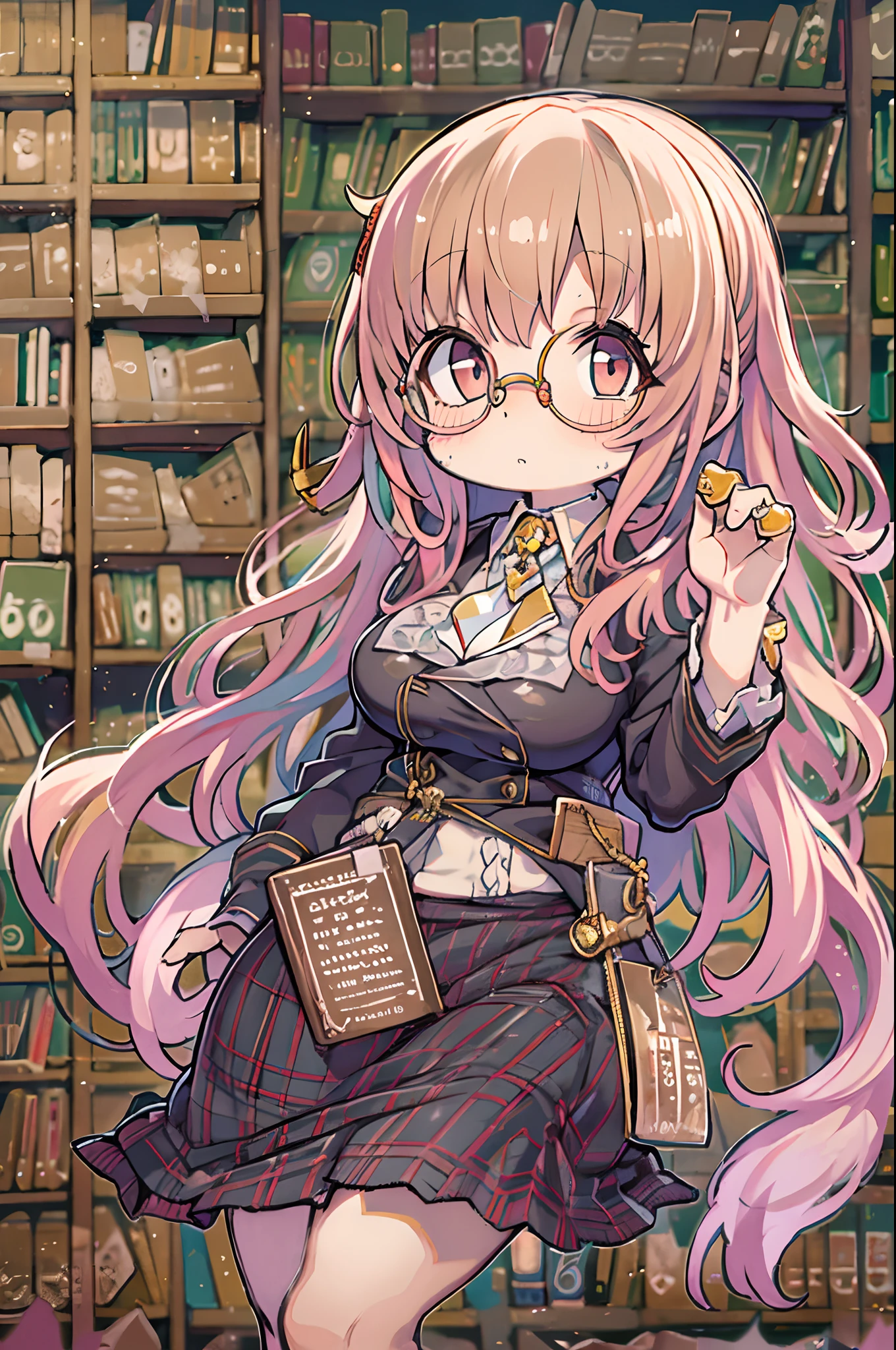 Huge library、1 librarian、One Woman、small round glasses、huge-breasted、Chibi