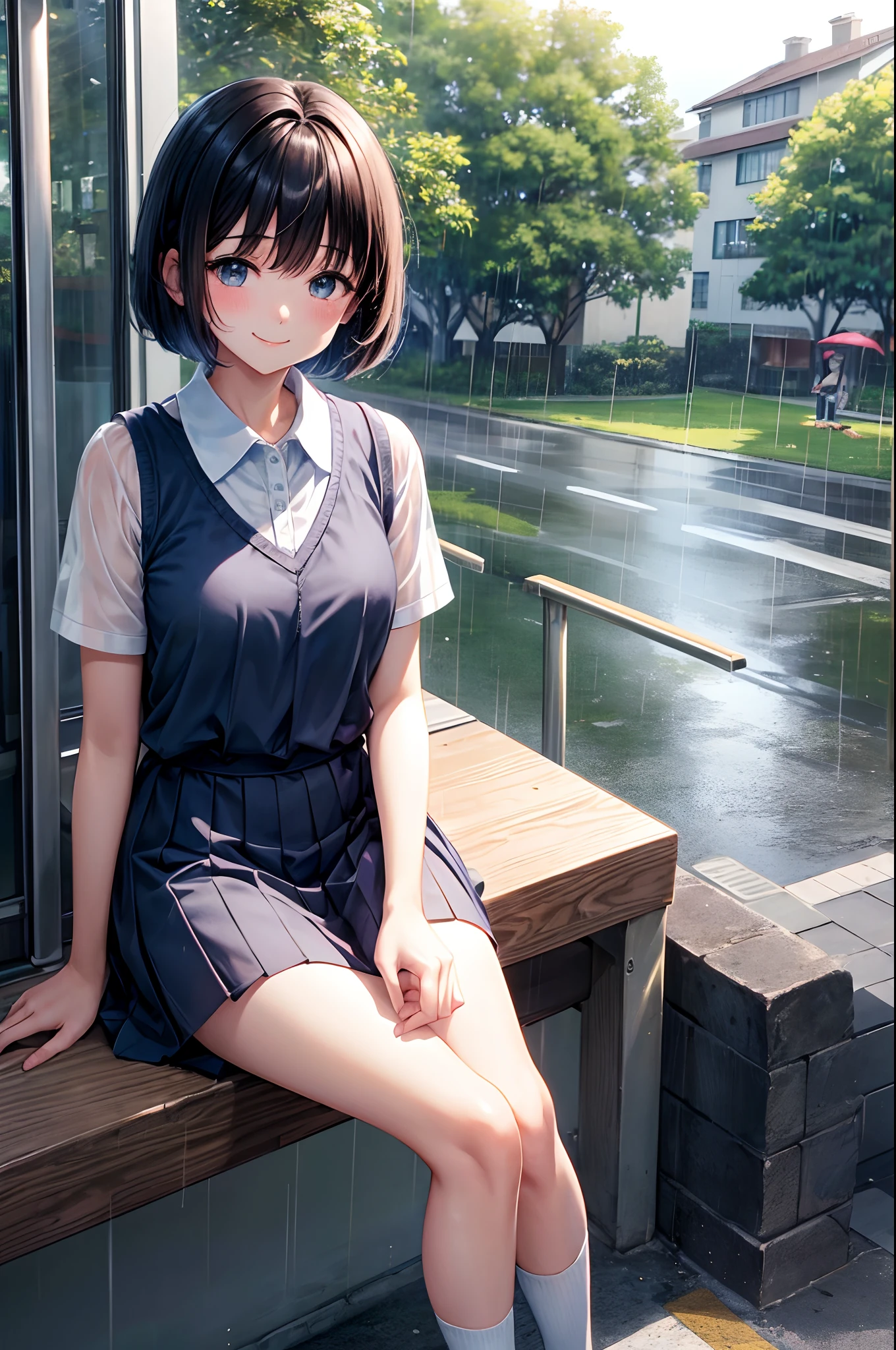 hi-school girl、short cut hair、shortsleeves、rainy days、Clothes are see-through in the rain、Physical education sitting、a smile、Very cute、Bob Hair、Bus stop in the countryside、