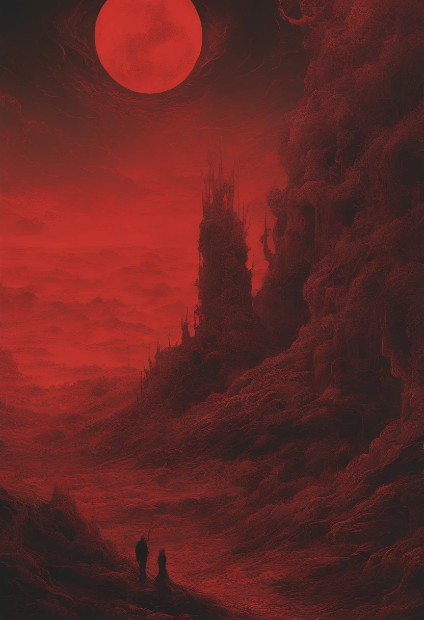 mythological creatures, author：Zdzislaw Beksinski和Van Gogh, album covers, romatic, surrealism, Futuristic ,satan, coral, wizard, abstracted, Dark, Red, hell, landscape