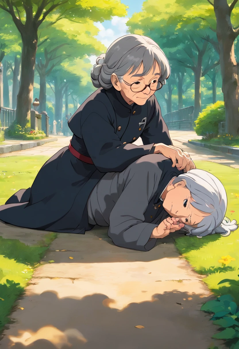 an old woman wearing black and gray old pepole uniform , laying on the ground becauce she fell and she cant stand up in a park, its sunny camera view low angle, wide shot