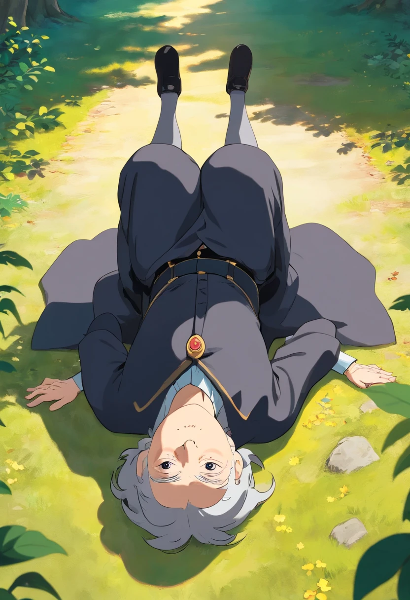 an old woman wearing black and gray old pepole uniform , laying on the ground becauce she fell and she cant stand up in a park, its sunny camera view low angle, wide shot