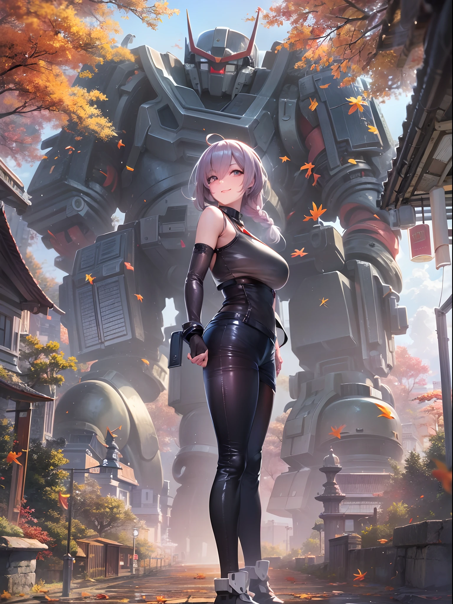 ((Best Quality)), ((masutepiece)), ((Realistic)), With the slime of a beautiful beautiful woman standing in a peaceful Japan garden、Autumn leaves at eye level, Scenic, masutepiece, (hight resolution), Original, extremely detailed 8K , (Photorealistic:1.4),face perfect, Perfect eyes,symmetrica body shape,Smile, 、1adult lady,(huge bust),((Super giant robot)),Shiny smile,Tank Tops,Black leather pants,full body Esbian,Beautiful city at dawn,Ahoge,braid ponytail,Rear view