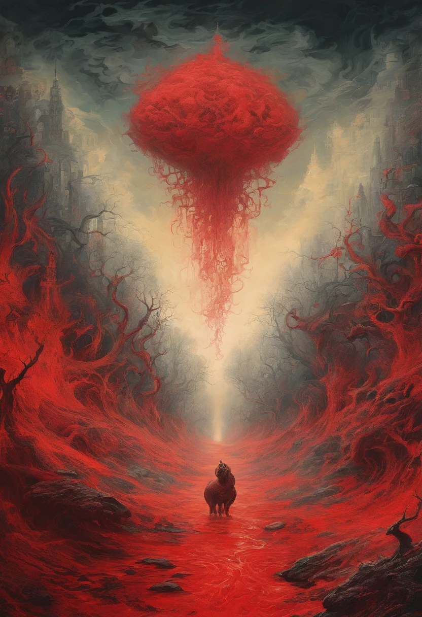 mythological creatures, author:Zdzislaw Beksinski和Van Gogh, album covers, romatic, surrealism, Futuristic ,satan, coral, wizard, abstracted, Dark, Red, hell, landscape