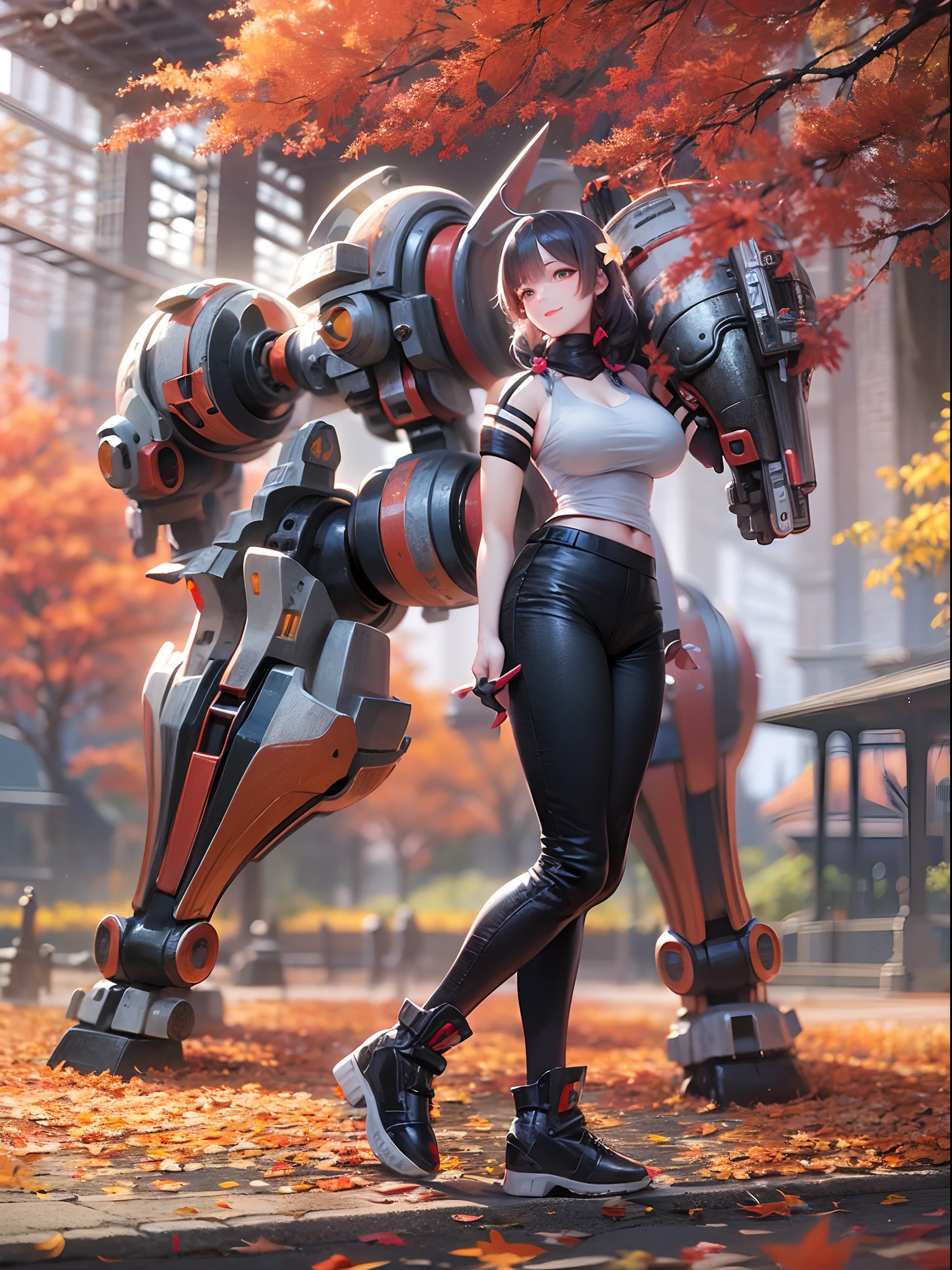 ((Best Quality)), ((masutepiece)), ((Realistic)), With the slime of a beautiful beautiful woman standing in a peaceful Japan garden、Autumn leaves at eye level, Scenic, masutepiece, (hight resolution), Original, extremely detailed 8K , (Photorealistic:1.4),face perfect, Perfect eyes,symmetrica body shape,Smile, 、1adult lady,(huge bust),((Super giant robot)),Shiny smile,Tank Tops,Black leather pants,full body Esbian,Beautiful city at dawn,Ahoge,braid ponytail,Rear view