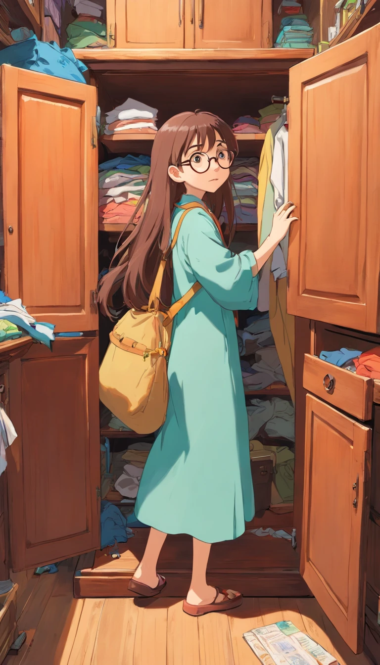 A girl with a long brown hair,with eye glasses,getting out from a large cabinet with clothes,with messy room.