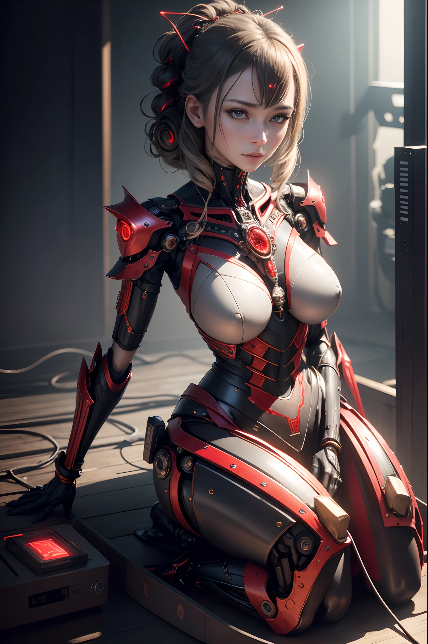 Mature 1 Mechanical Lady、((super realistic details))、portlate、globalillumination、Shadow、octan render、8K、ultrasharp、metals、Details of complex ornaments、cold color、Egyptian Detail、Left arm in the process of being built Exposed arm frame highly intricate detail、Realistic light、CGSoation Trends、radiant eyes、Facing the camera、neon details、Mechanical limbs、blood vessels connected to tubes、Mechanical vertebrae attached to the back、mechanical cervical attaching to neck、sitting on、Wires and cables connecting to the head 超A high resolution Mono eye glowing red