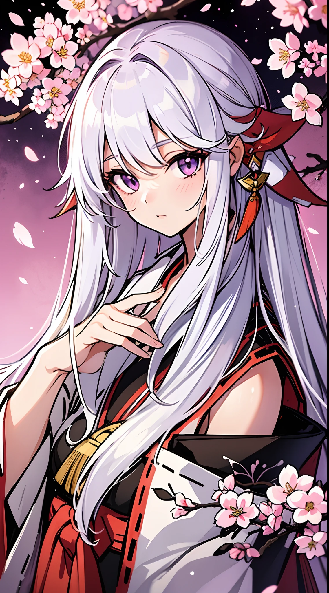 upper body, 1girl, white hair, Long Haired, purple eyes, (Miko), Gohei, big breats, wallpaper, cherry blossom tree background, light particles, Red fire, (masterpiece), best quality