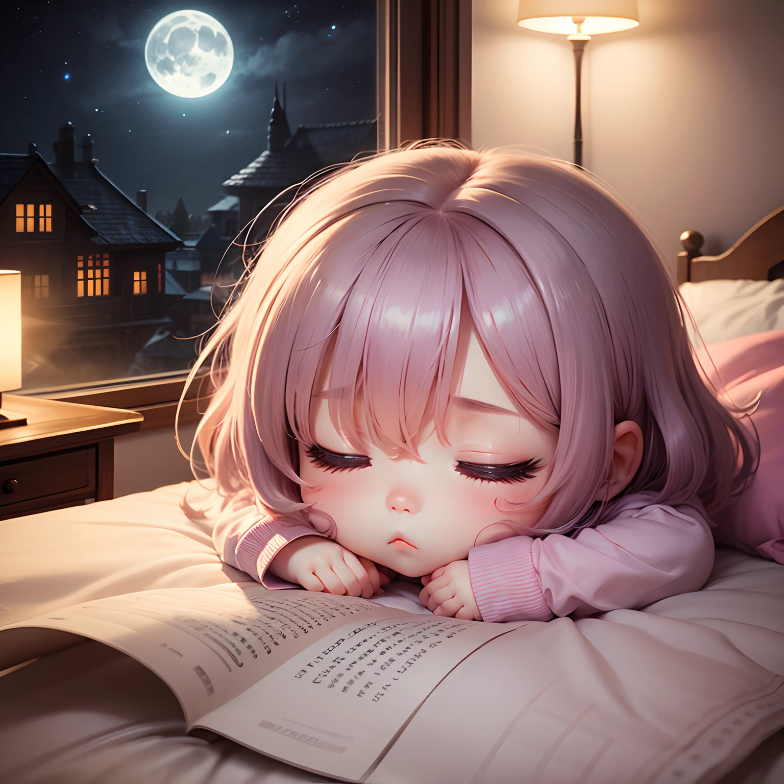 ​masterpiece、top-quality、ultra-detailliert、(Chibi Chara's Daughter:1.2)、Chibi Bed、night wear、closing eye、(Sleeping:1.2)、The bed is what you sleep in、full body Esbian、dim room、Moonlight from the window、Stuffed Bear