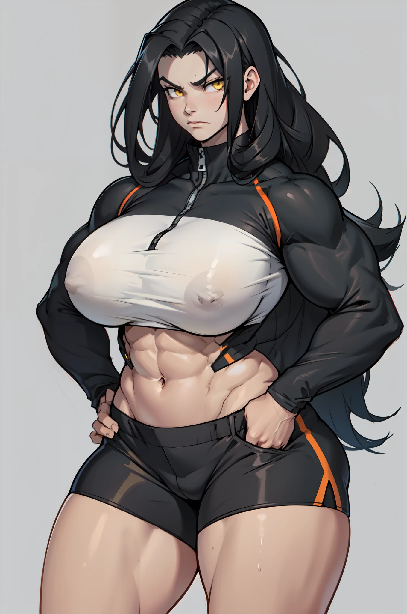 ((grey background)), solo, ((((1 girl)))), very long hair, black hair, angry, yellow eyes, (((((muscular))))), (huge tits), (thick thighs), (wide hips), pale skin, standing, slick hair, long sleeve, bike shorts, abs