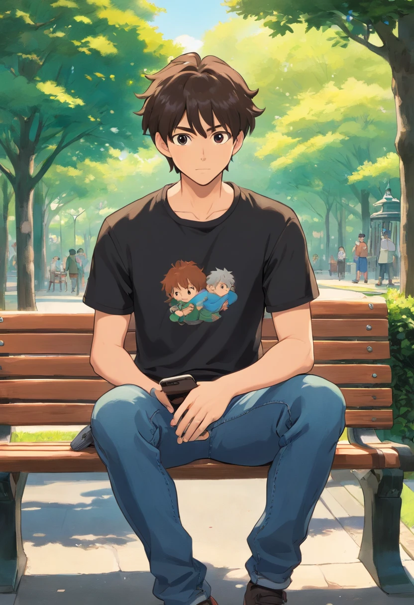 a young man with black t shirt and a jeans , sitting on the side of a park bench , holding his phone with one hand , looking to the left