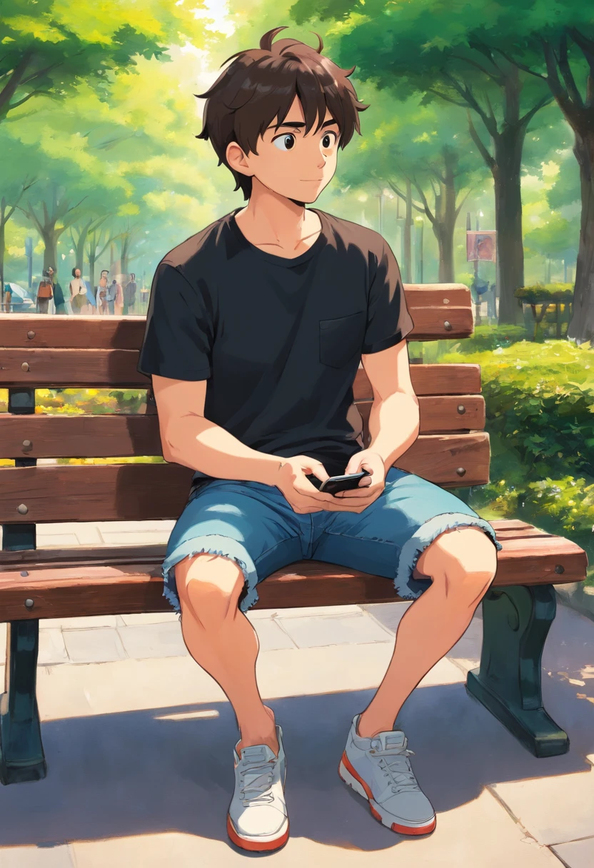 a young man with black t shirt and a jeans , sitting on the side of a park bench , holding his phone with one hand , looking to the left