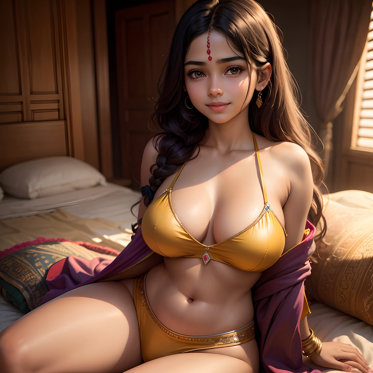 "Generate a hyper-realistic image of a with authentic indian features, showing full body, beautiful cleavage,big boobs, realistic Indian girl,8k picture,cute smile