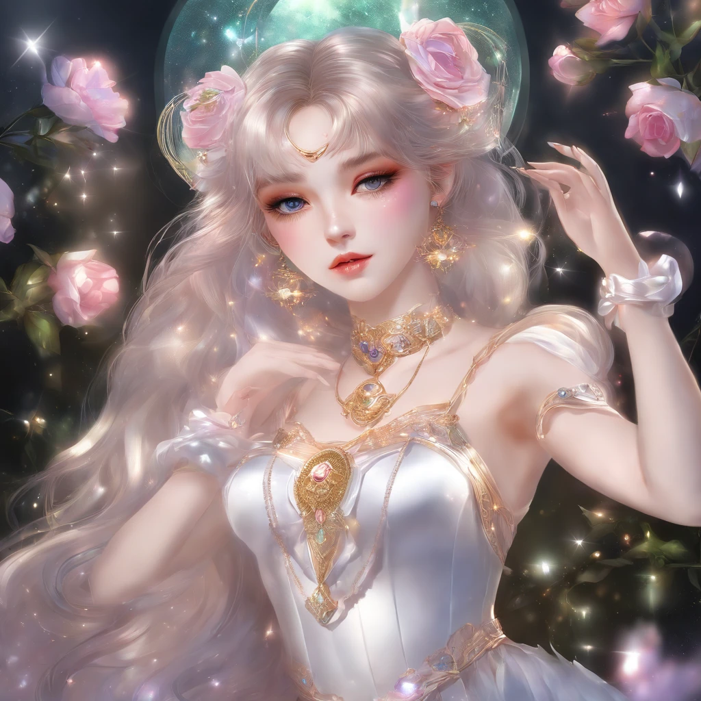 masterpiece, a beautiful Girl , Sailor Moon style , wearing laser transparent pvc texture clothing , prism , melancholy expression, beautiful eyes , brilliance , jewelry , portrait , game original painting , anime character concept design , beautiful face , sacred, long transparent iridescent GB hair, reflections transparent iridescent colors on her hair, highly detailed, gorgeous sacred girl, beautiful light on black background
