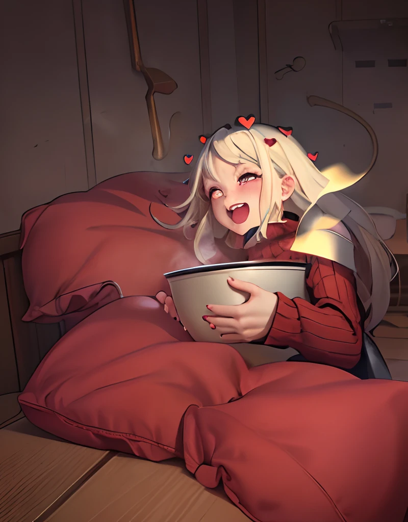 (masterpiece, best quality:1.2), volumetric lighting, cowboy shot, solo, 1girl, htmodeus, blush, open mouth, laughing, happy, looking at viewer, holding bowl of popcorns, heart-shaped pupils, informal, red sweater, turtleneck, sleeves past wrists, black shorts