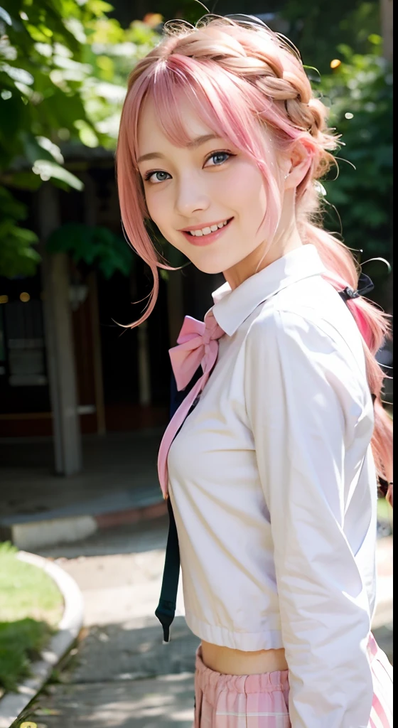 (ultra-detailliert), high-school uniform、Blue eyes,The upper part of the body、a closeup、faces、(A smile:1.5),(facing front:1.2), 20yr old, teens girl,no tail,(no tail),2D, masterpiece, top-quality, animesque, A detailed eye, A detailed face, girl with, Only 1 person,Medium hair with pink hair, (Pink hair), Ear Hair, small tits, Single braid, (Single braid), (Side braid), Golden Ribbon, Ribbon around the neck,seaside backgroud