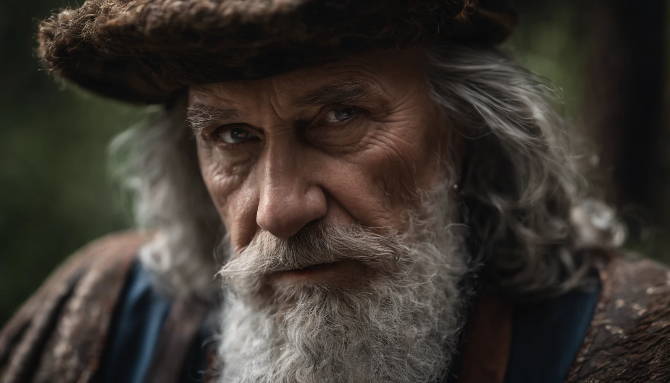 A portrait of a wizard, bearded, wrinkled, weathered, with piercing eyes, detailed face, high details, photography, dark studio, rim light, Nikon D850, 50mm, f/1.4