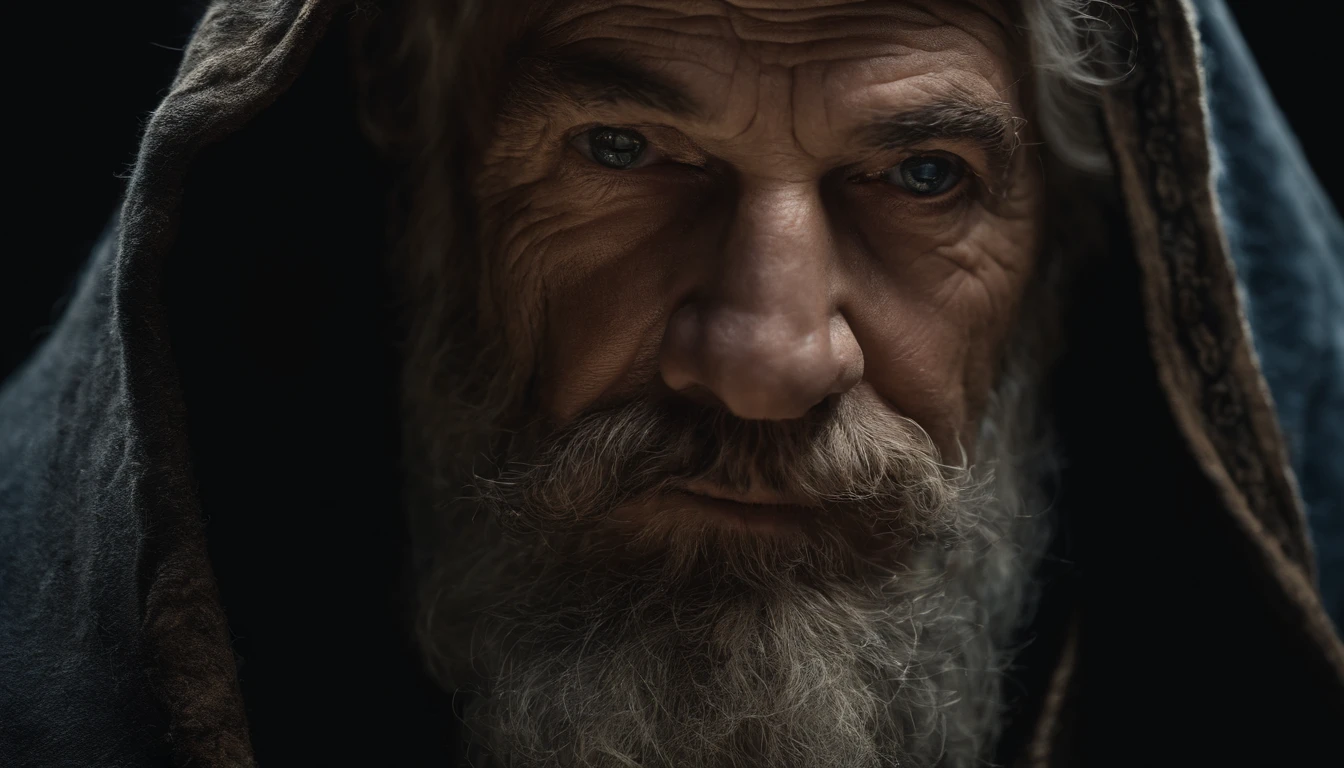 A portrait of a wizard, bearded, wrinkled, weathered, with piercing eyes, detailed face, high details, photography, dark studio, rim light, Nikon D850, 50mm, f/1.4