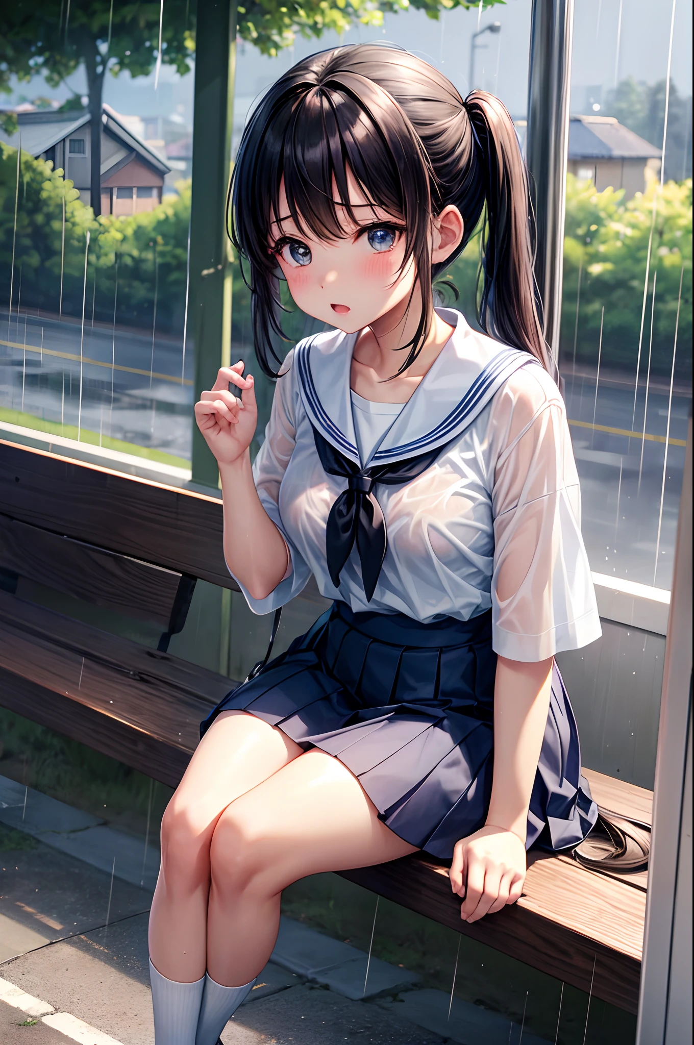 hi-school girl、、shortsleeves、rainy days、Clothes are see-through in the rain、Physical education sitting、I'm angry、Very cute、poneyTail、Bus stop in the countryside、Put out the velo
