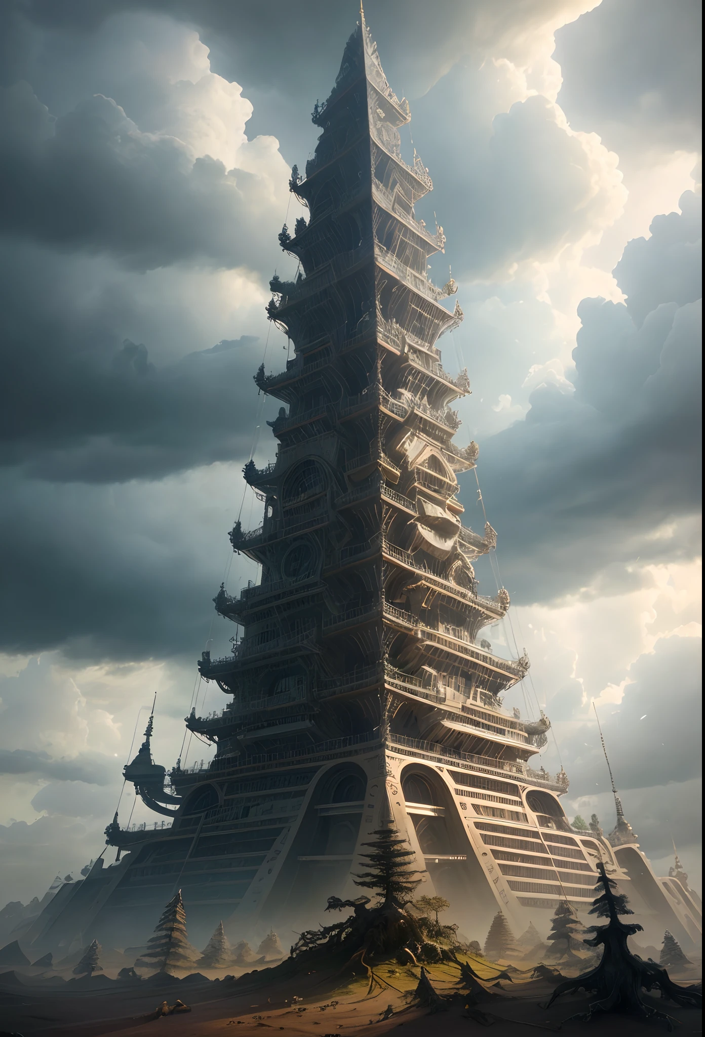 view from bottom on one surrealistic organic mechanical pyramid, crack, tree roots, storm clouds, sunny atmosphere, High quality photo, ultra high res, (photorealistic:1.4), cinema lighting, insanely detailed, hyper realistic, intricate design, fine details, octane render