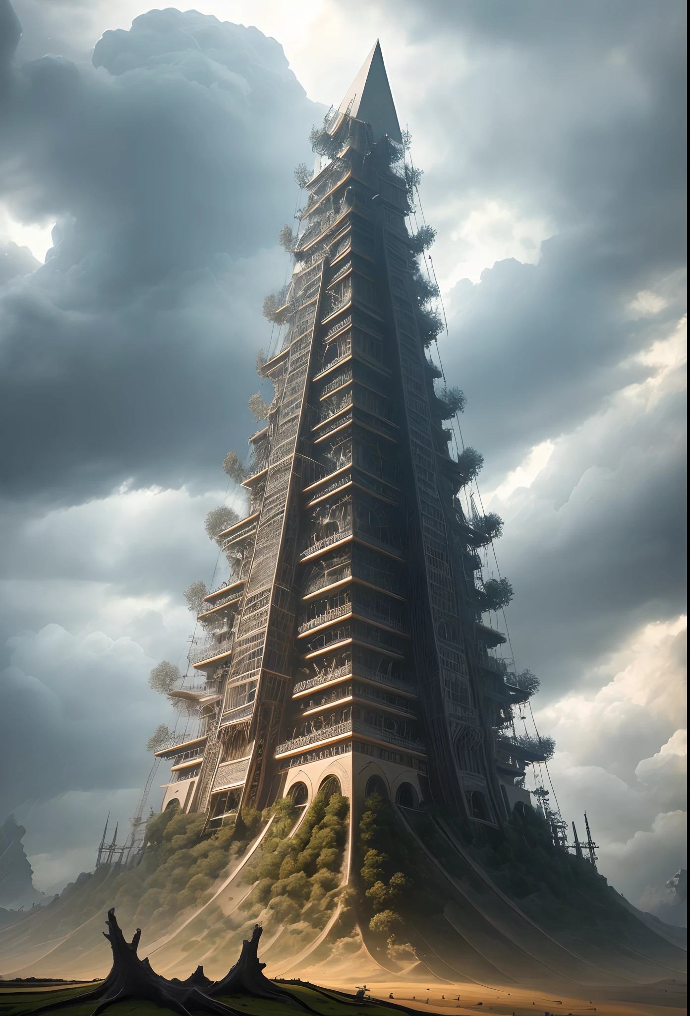 view from bottom on one surrealistic organic mechanical pyramid, crack, tree roots, storm clouds, sunny atmosphere, High quality photo, ultra high res, (photorealistic:1.4), cinema lighting, insanely detailed, hyper realistic, intricate design, fine details, octane render