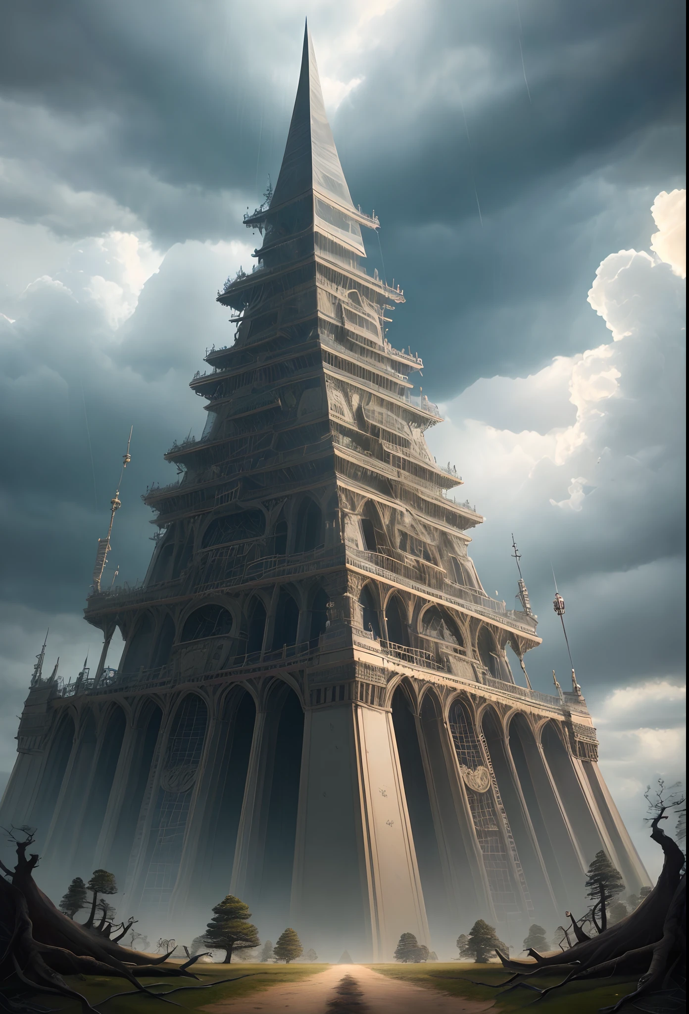 view from bottom on one surrealistic organic mechanical pyramid, crack, tree roots, storm clouds, sunny atmosphere, High quality photo, ultra high res, (photorealistic:1.4), cinema lighting, insanely detailed, hyper realistic, intricate design, fine details, octane render